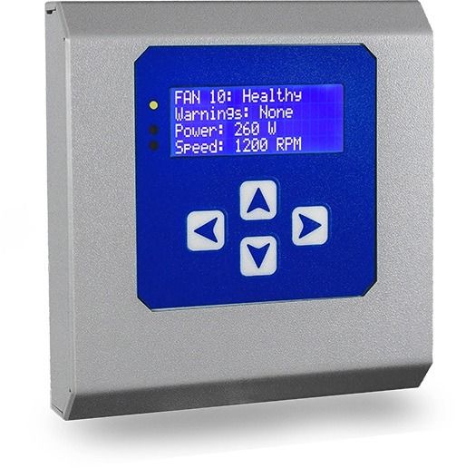 The CN1116 Modbus display and control unit, showing a healthy fan status with real-time data including a speed of 1200 RPM and power consumption of 260W.