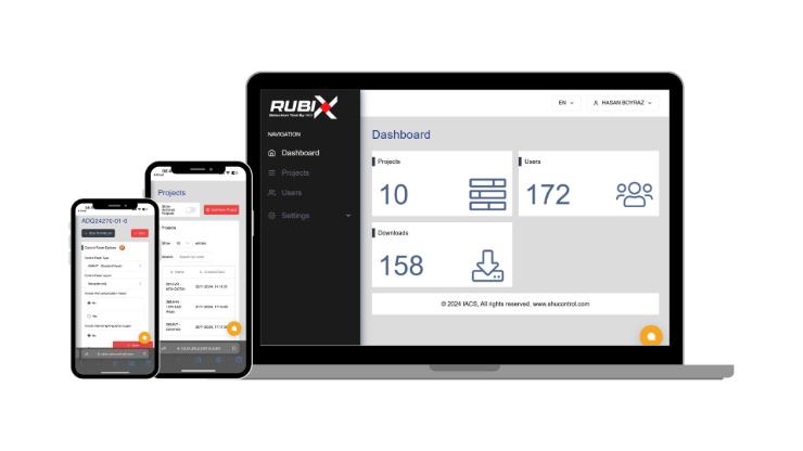 The Rubix AHU and HRU Quotation Tool from i-acs, showcasing its responsive dashboard interface on a laptop and mobile phones for easy HVAC project management.