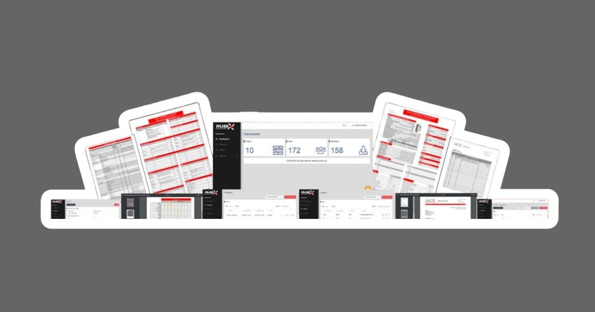 Collage of digital dashboards and structured documents showcasing the RUBIX platform’s AHU quoting interface, with metrics like Projects, Tasks, and Resources displayed on a central screen, flanked by IACS-branded forms and data sheets