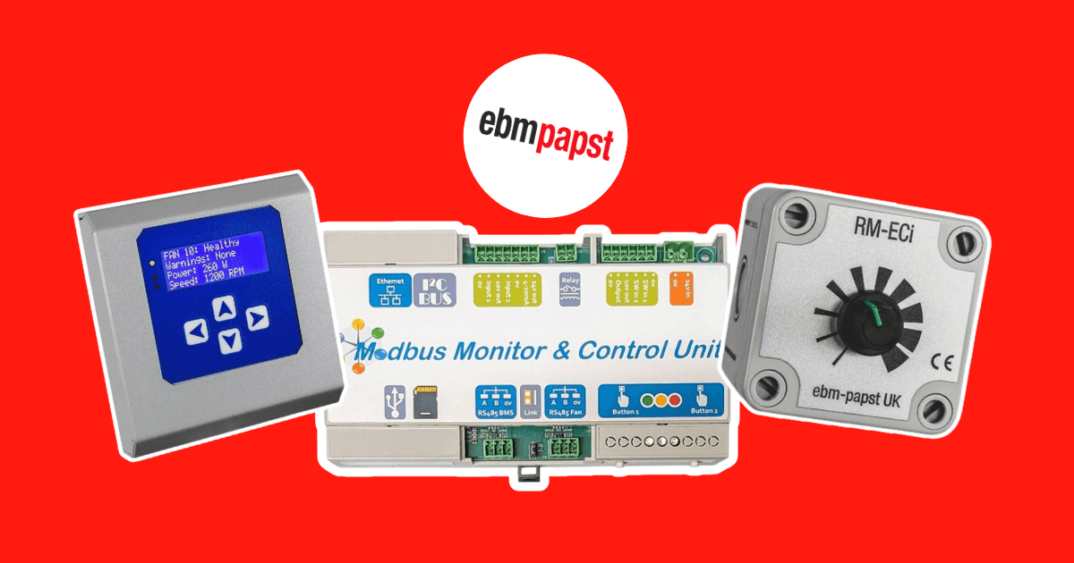 EBM Papst IoT modules and gateways for smart fan control, featuring the Modbus Monitor & Control Unit and RM-ECi controller, now available at iACS.