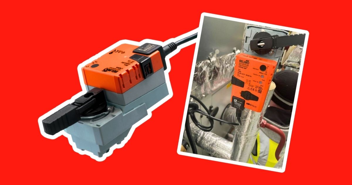 Belimo LR24A-MP rotary actuator for HVAC and AHU systems, showing product close-up and installed setup at iACS.