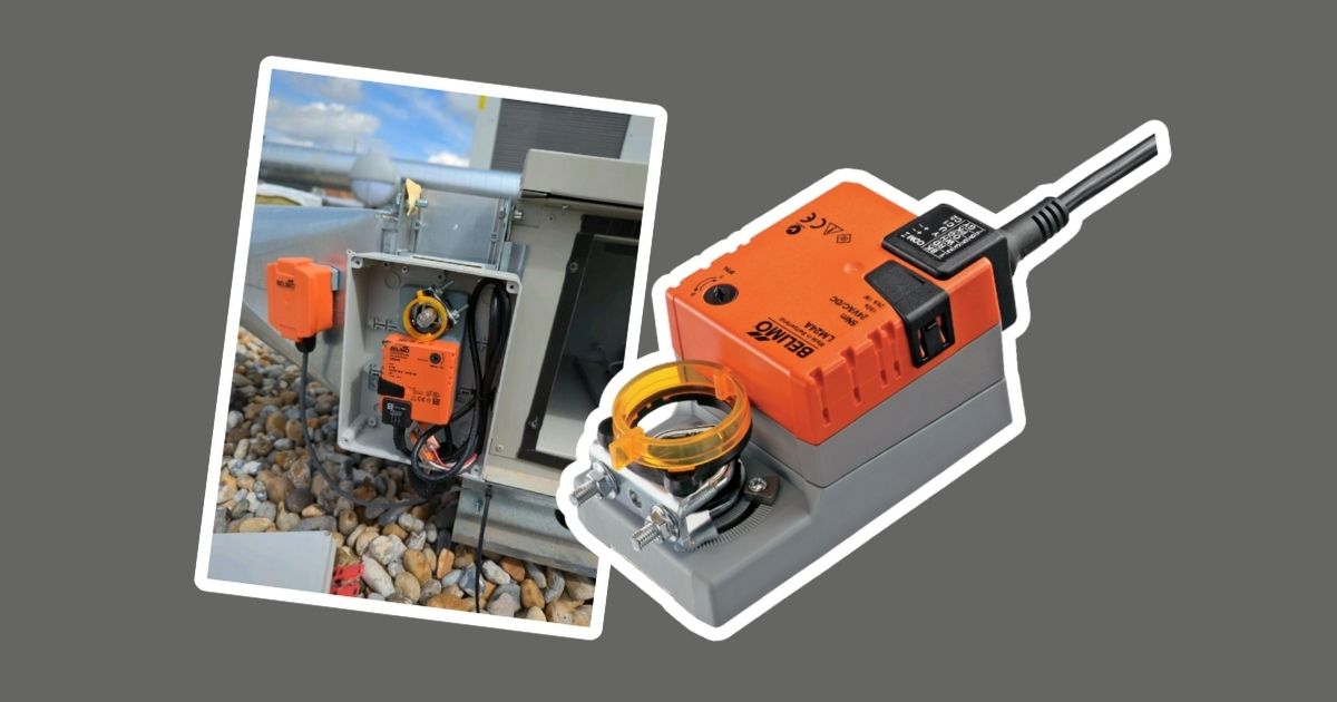 Belimo LR24A-MP rotary actuator used in HVAC systems, shown as product close-up and installed component at iACS.