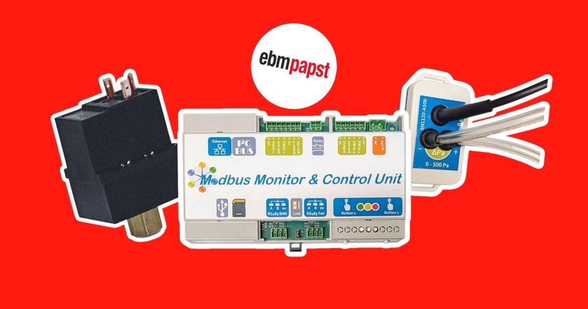 EBM Papst Modbus Monitor and Control Unit with differential pressure sensor and relay switch, featured in iACS partnership for innovative HVAC fan control solutions.
