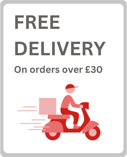 Free delivery on iACS orders over £30, shown with courier scooter delivery illustration.